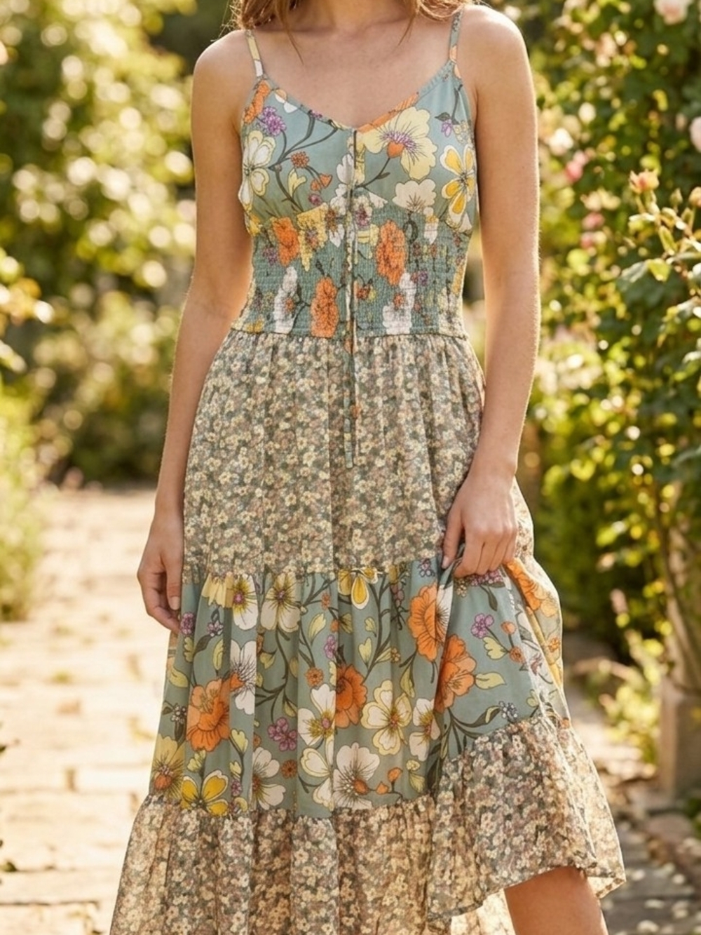 BOG Collective Sage Green Mixed Floral Tiered Smocked Midi Sundress M